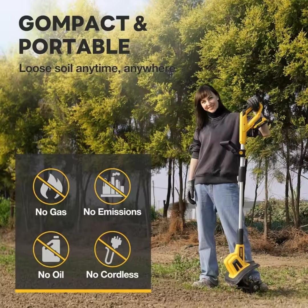 20V Cordless Electric Tiller Cultivator – 360RPM Garden Soil Rototiller with 2×2.0Ah Batteries & Charger, 9" Width × 6.6" Depth
