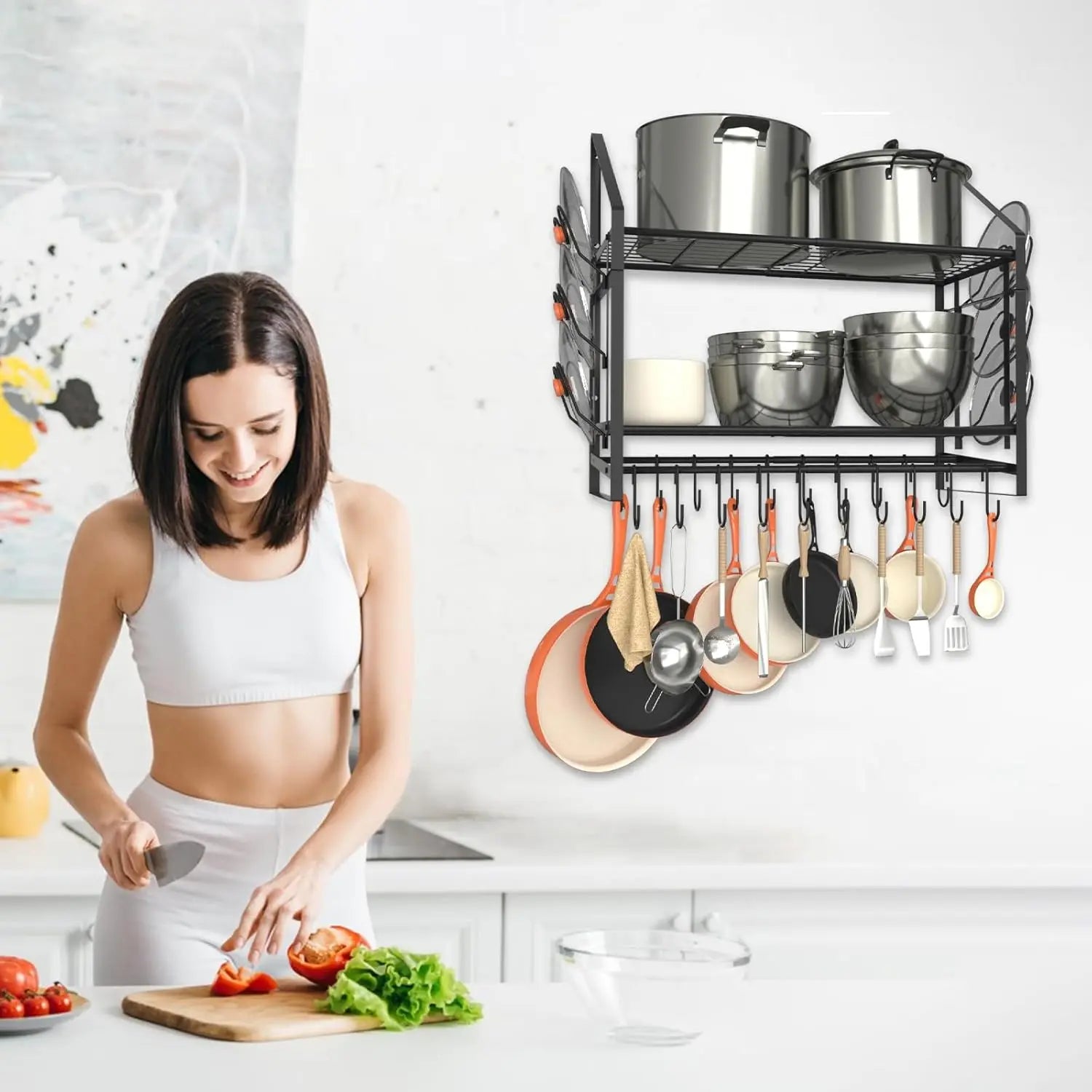 35" Wall Mounted Pot Rack – 2-Tier Hanging Pots and Pans Organizer with 20 Hooks & 6 Lid Holders