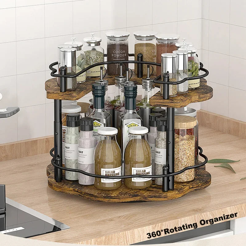 360° Rotating Wooden Spice Rack – Kitchen Organizer for Oil, Salt & Soy Bottles