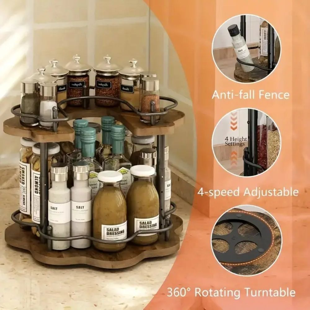 360° Rotating Wooden Spice Rack – Kitchen Organizer for Oil, Salt & Soy Bottles