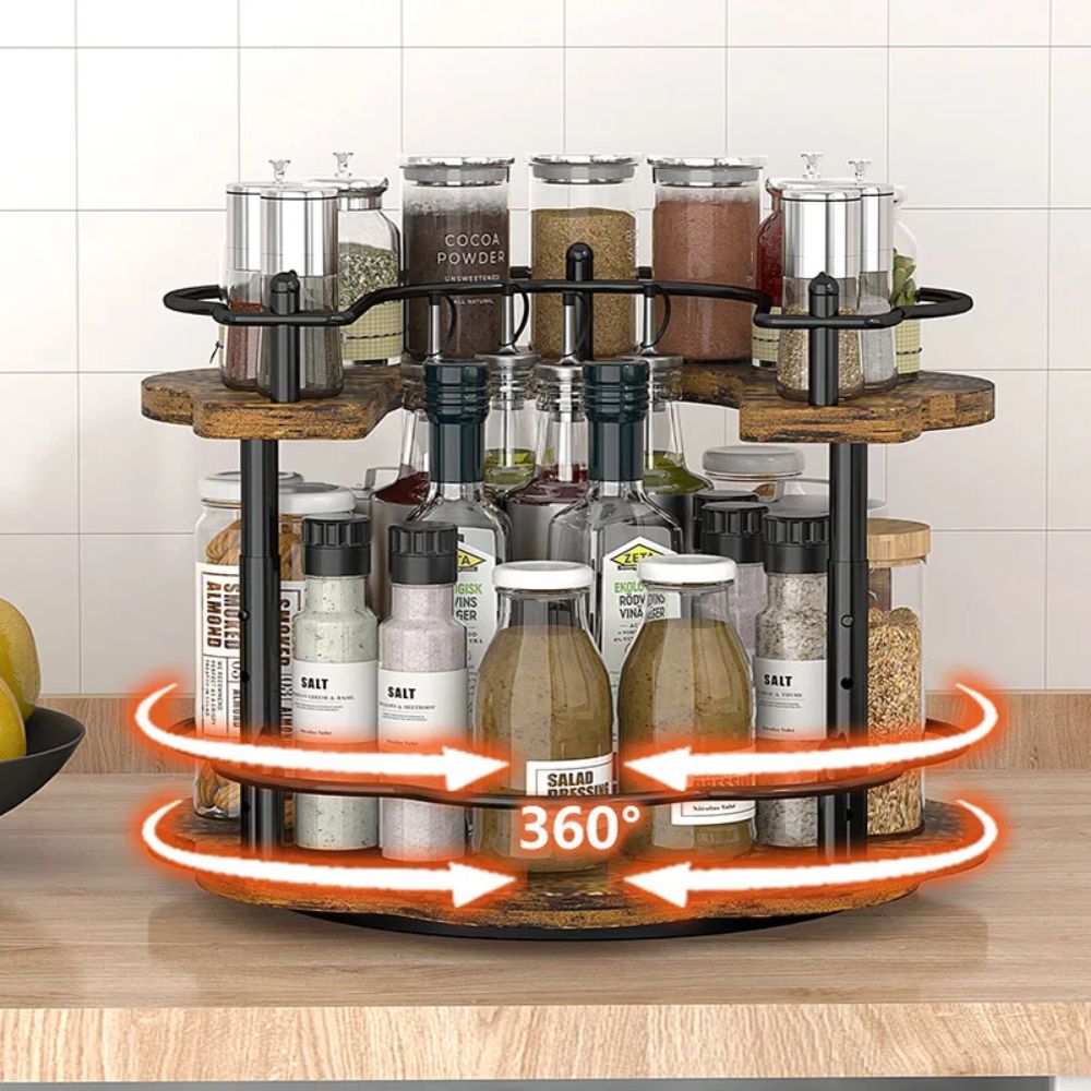 360° Rotating Wooden Spice Rack – Kitchen Organizer for Oil, Salt & Soy Bottles