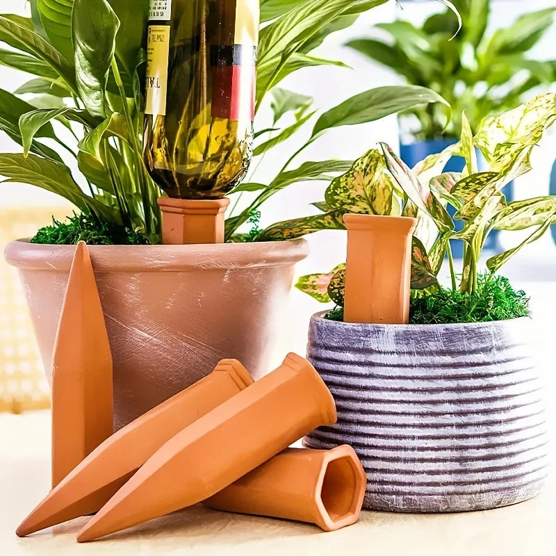 4 Pack Terracotta Self Watering Stakes – Automatic Plant Waterers for Indoor & Outdoor