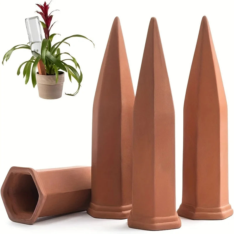 4 Pack Terracotta Self Watering Stakes – Automatic Plant Waterers for Indoor & Outdoor