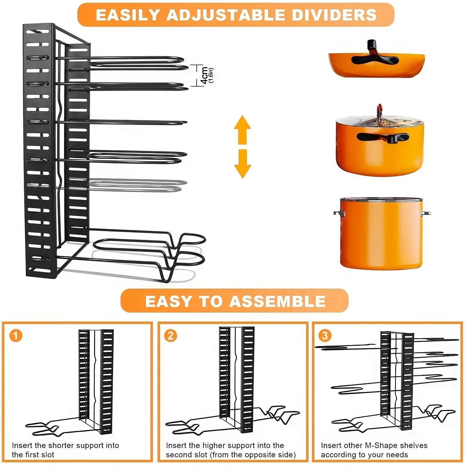 8-Tier Heavy-Duty Pot Rack Organizer – Adjustable Metal Pan Holder for Kitchen Cabinet, Countertop, or Pantry