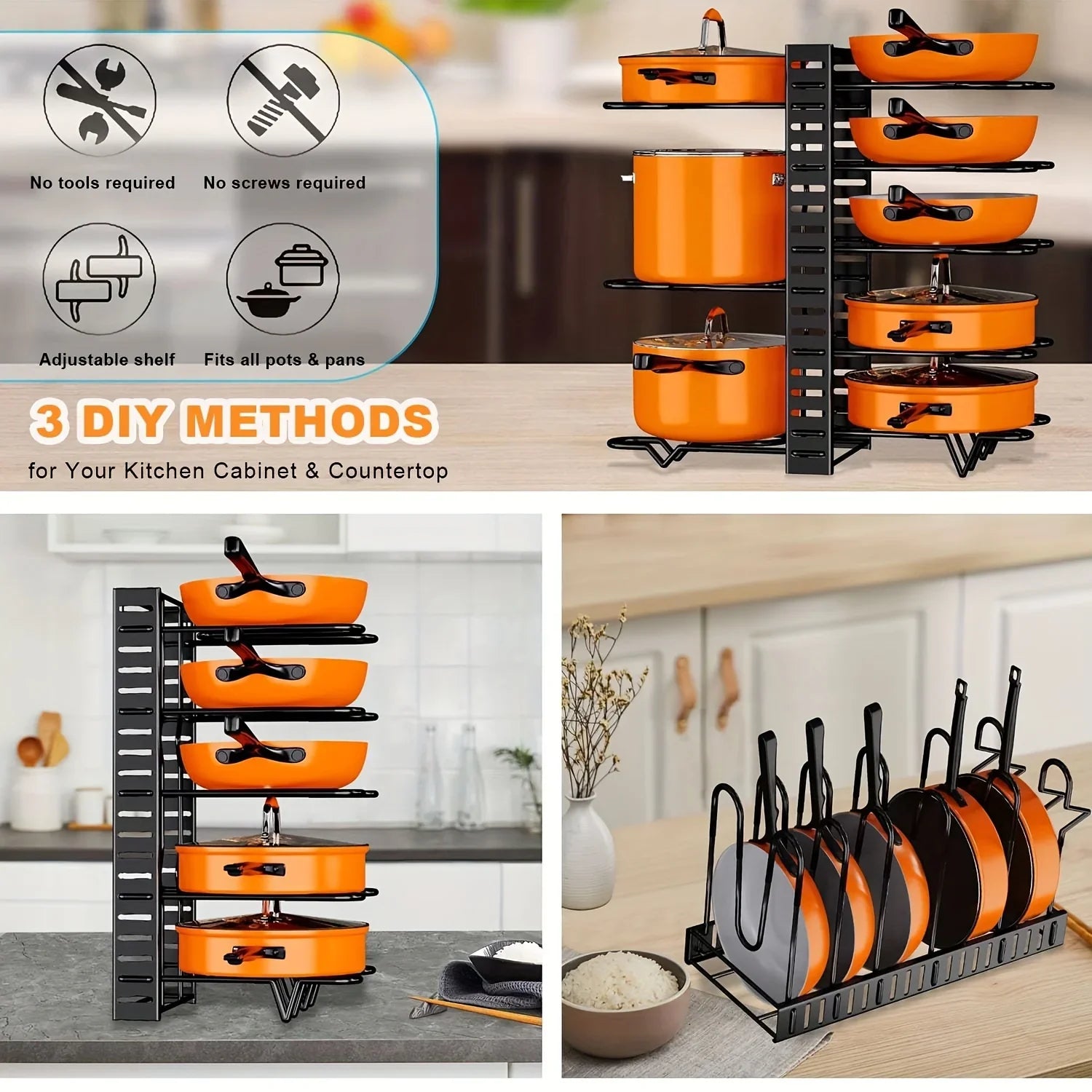 8-Tier Heavy-Duty Pot Rack Organizer – Adjustable Metal Pan Holder for Kitchen Cabinet, Countertop, or Pantry
