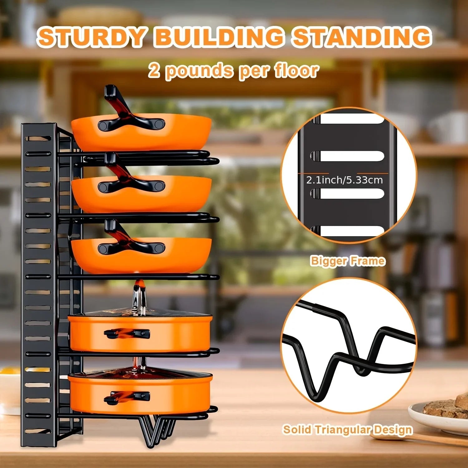 8-Tier Heavy-Duty Pot Rack Organizer – Adjustable Metal Pan Holder for Kitchen Cabinet, Countertop, or Pantry