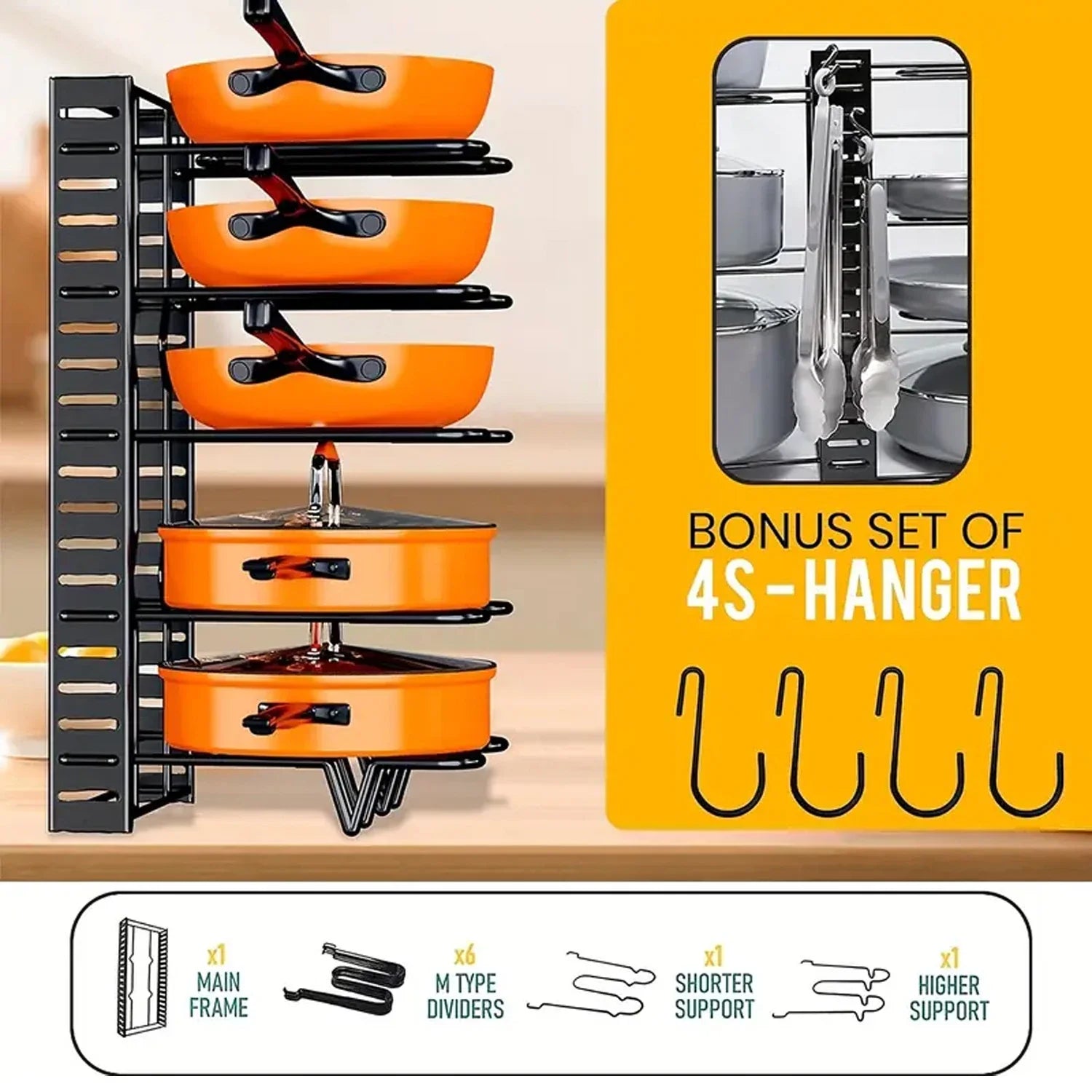 8-Tier Heavy-Duty Pot Rack Organizer – Adjustable Metal Pan Holder for Kitchen Cabinet, Countertop, or Pantry
