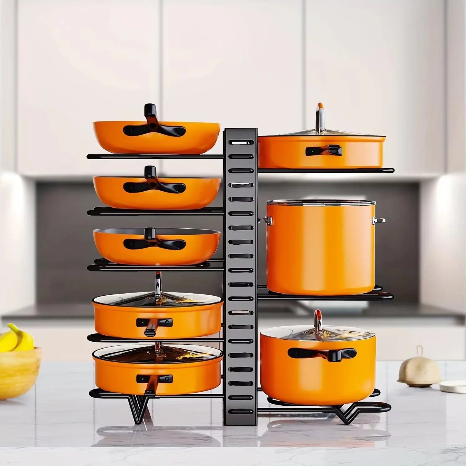 8-Tier Heavy-Duty Pot Rack Organizer – Adjustable Metal Pan Holder for Kitchen Cabinet, Countertop, or Pantry