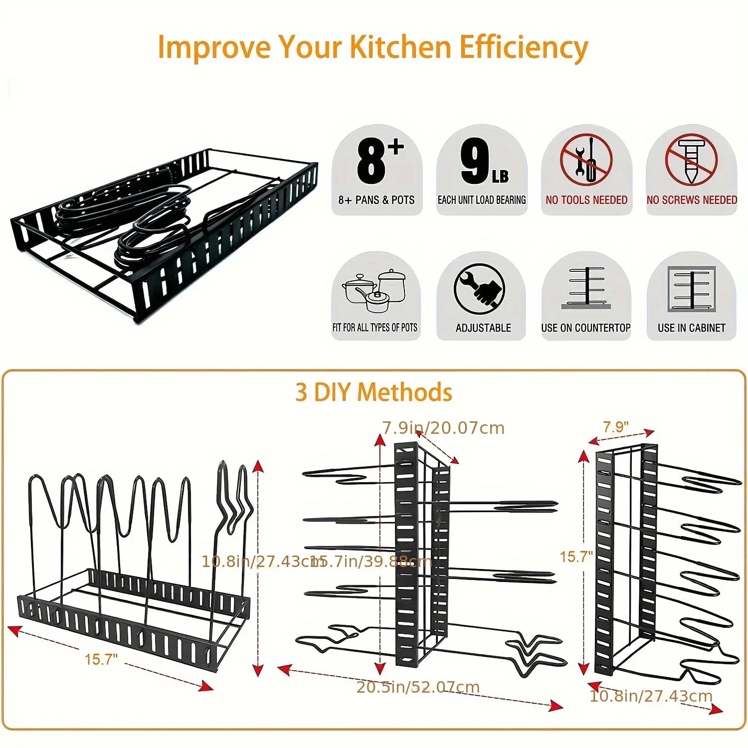8-Tier Heavy-Duty Pot Rack Organizer – Adjustable Metal Pan Holder for Kitchen Cabinet, Countertop, or Pantry
