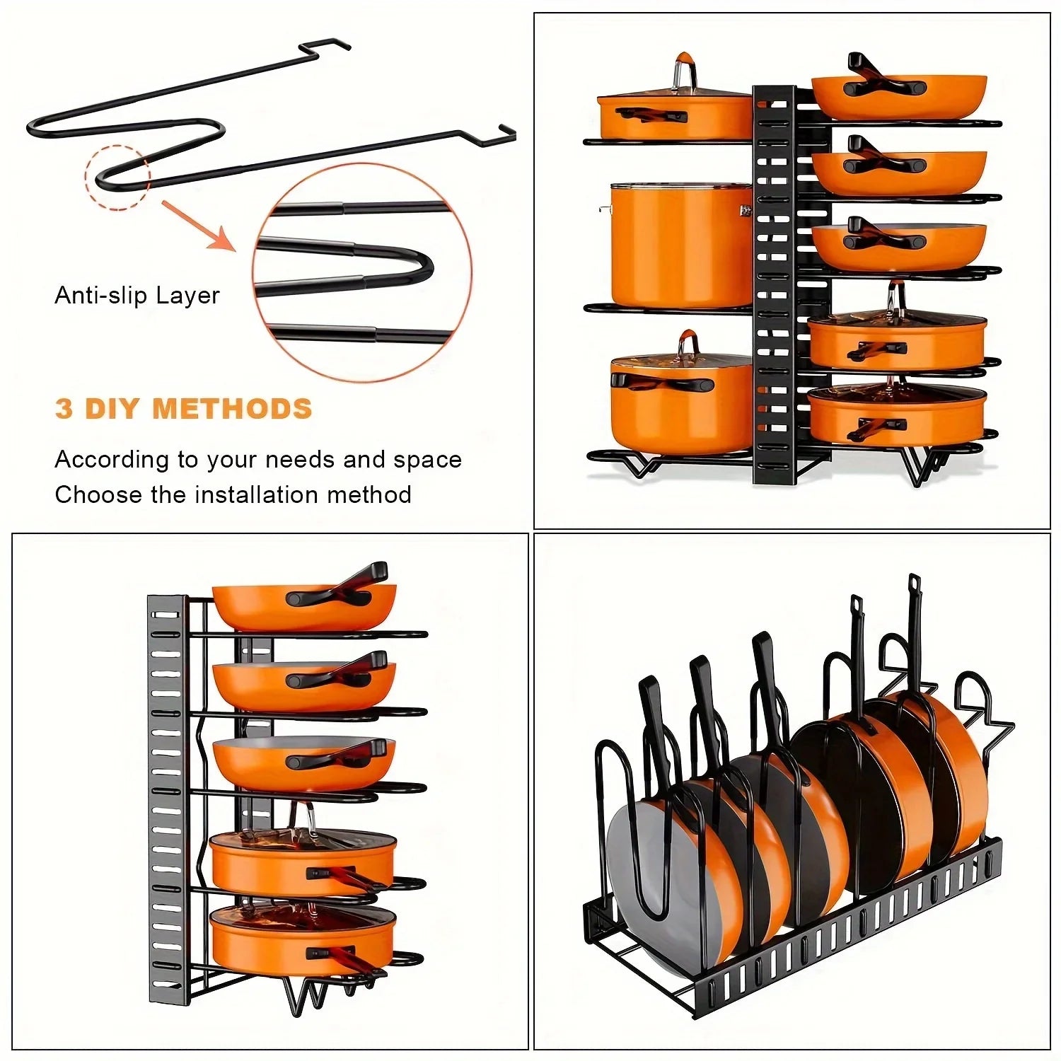 8-Tier Heavy-Duty Pot Rack Organizer – Adjustable Metal Pan Holder for Kitchen Cabinet, Countertop, or Pantry
