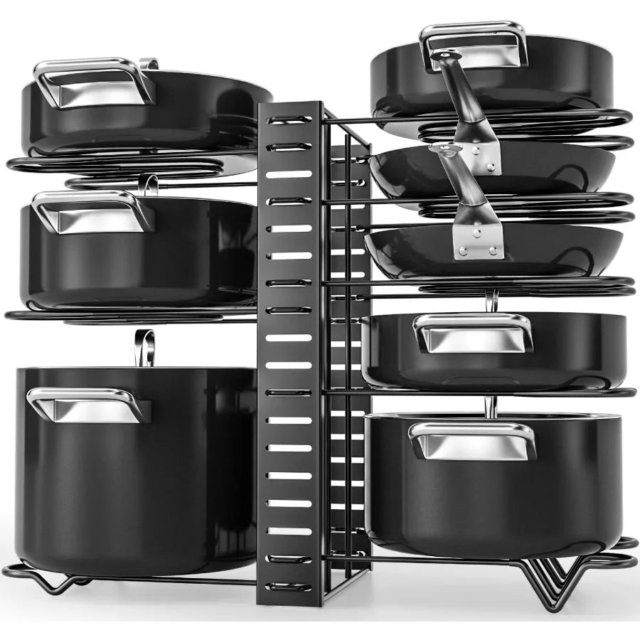 8-Tier Pot and Pan Organizer Rack – Adjustable Cookware Stand with Pot Lid Holders