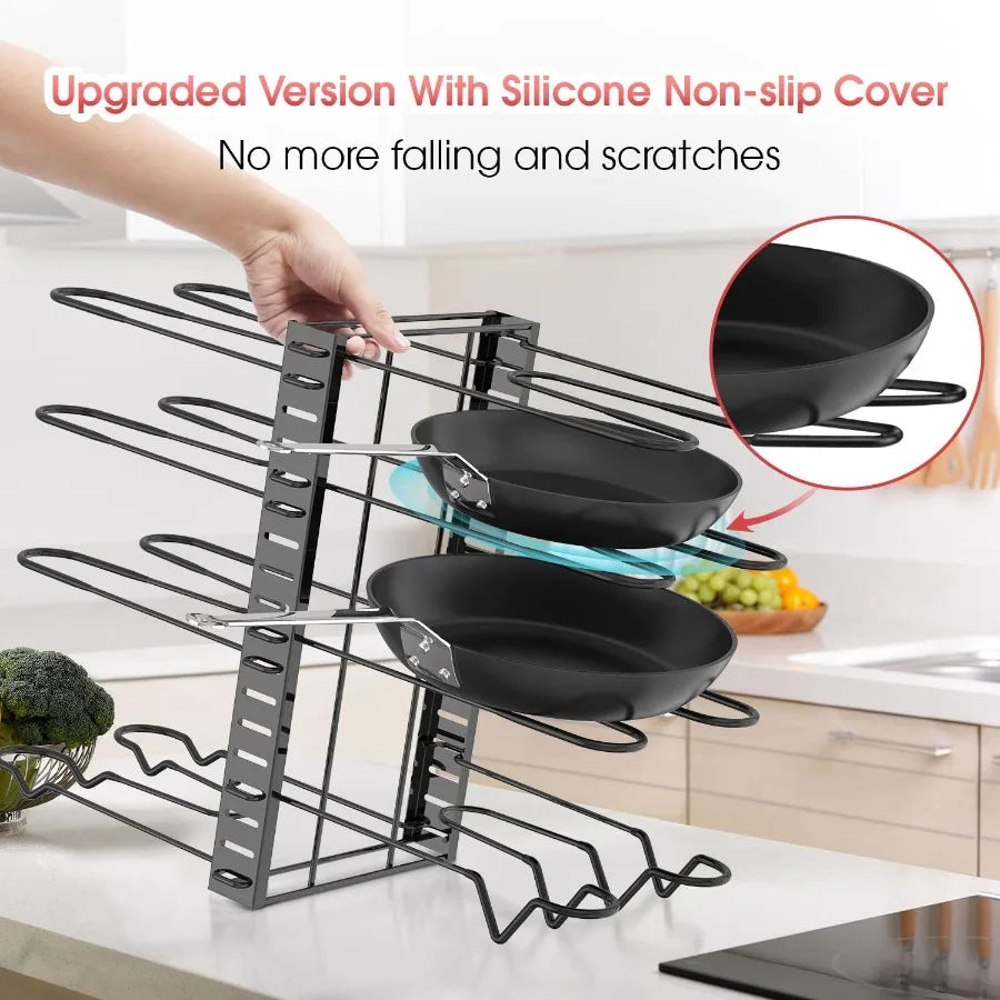 8-Tier Pot and Pan Organizer Rack – Adjustable Cookware Stand with Pot Lid Holders