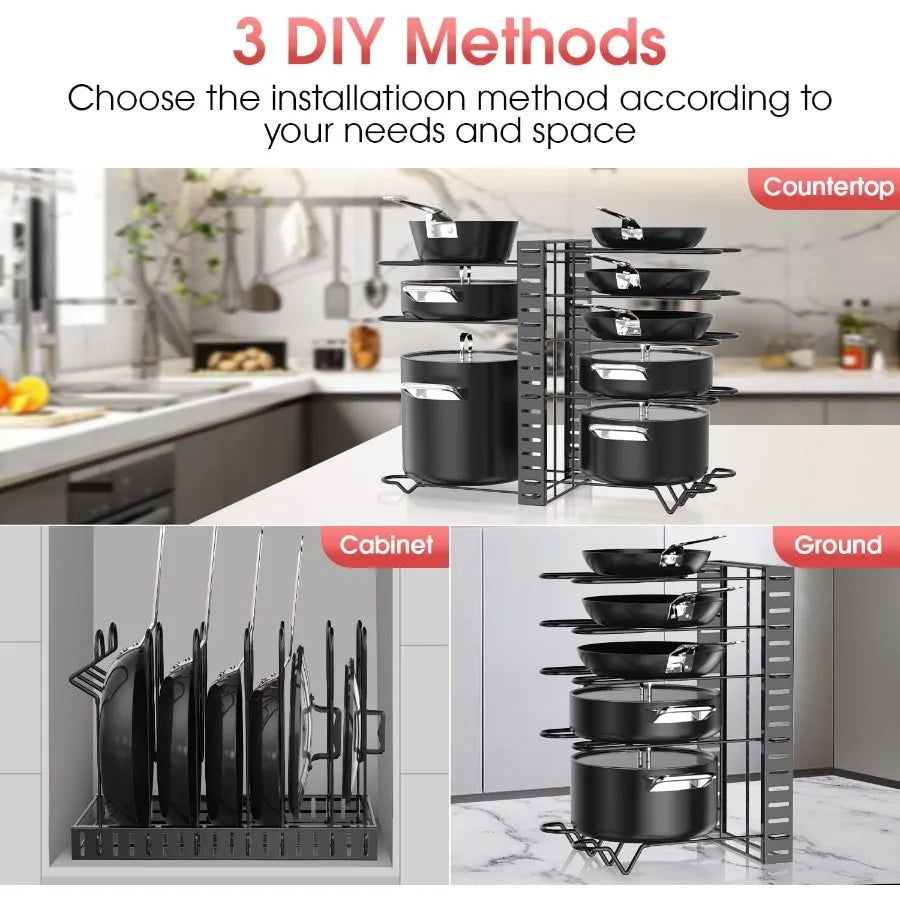 8-Tier Pot and Pan Organizer Rack – Adjustable Cookware Stand with Pot Lid Holders