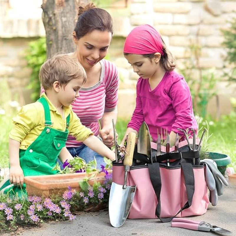 8 Piece Pink Garden Tool Set – Stainless Steel with Wood Handles