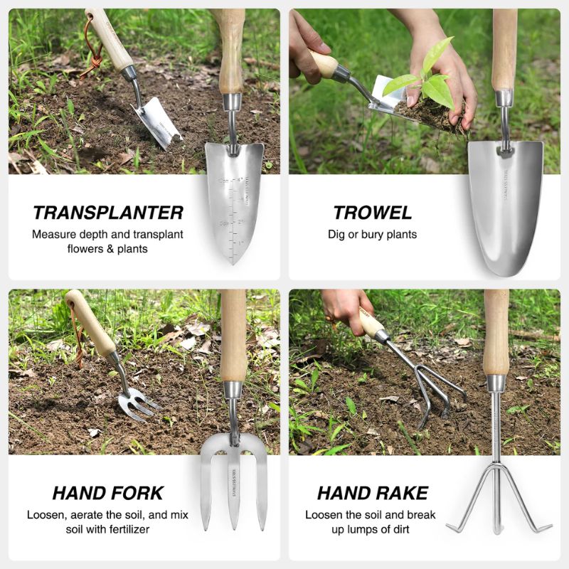 8 Piece Pink Garden Tool Set – Stainless Steel with Wood Handles