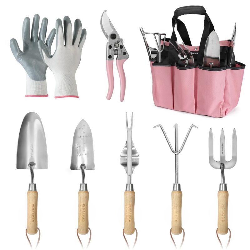 8 Piece Pink Garden Tool Set – Stainless Steel with Wood Handles