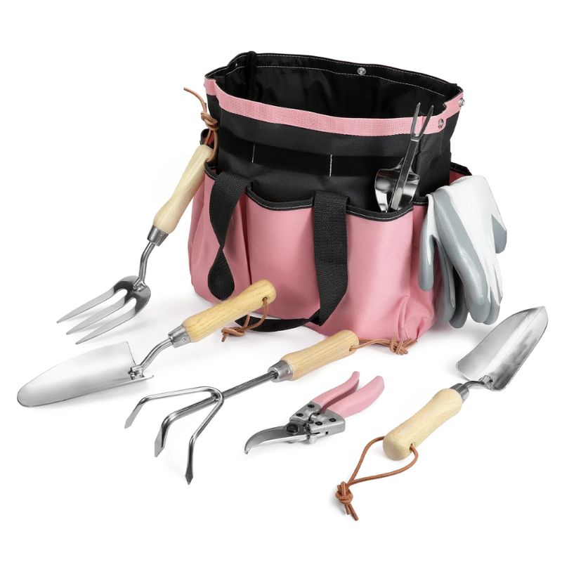 8 Piece Pink Garden Tool Set – Stainless Steel with Wood Handles