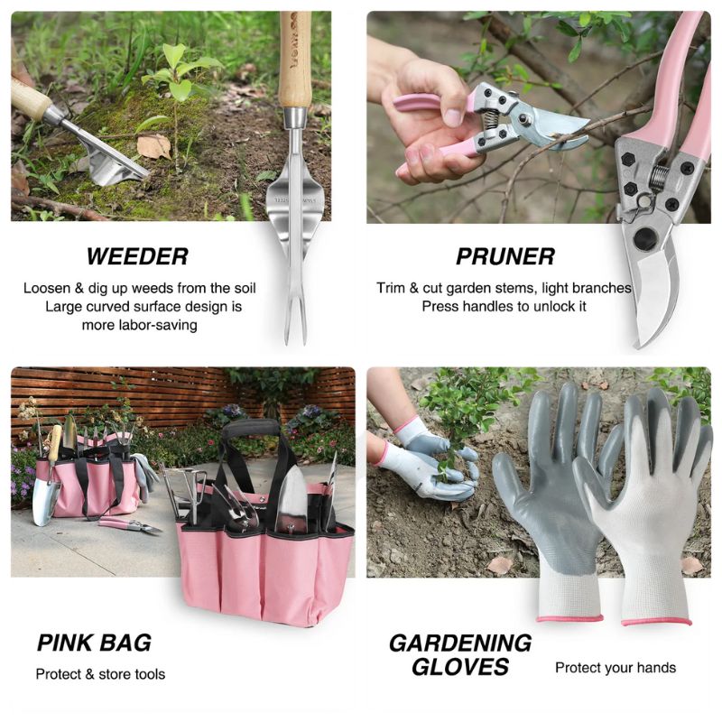 8 Piece Pink Garden Tool Set – Stainless Steel with Wood Handles