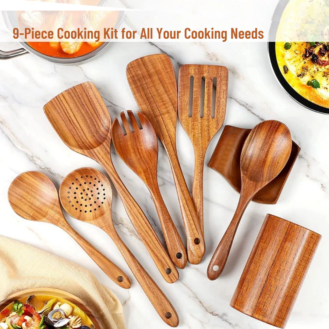 9-Piece Wooden Utensil Set – Heat-Resistant & Durable