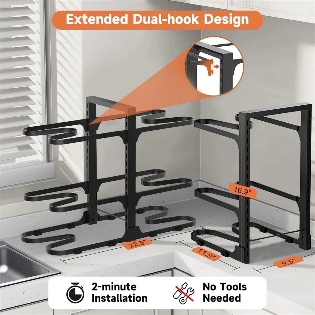 Adjustable 6-Tier Pots and Pans Organizer Rack – Heavy Duty Metal Cookware Shelf