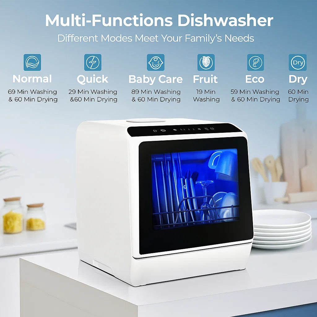 Countertop Portable Dishwasher – 5L Compact Dishwasher with LED Light, 6 Wash Modes & Dual Water Supply for Small Kitchens