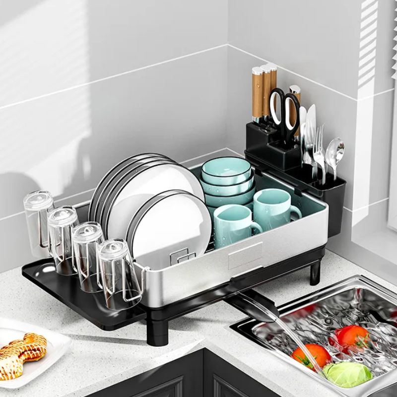 Compact Space Saving Dish Rack - with Flatware Caddy & Self Draining Tray