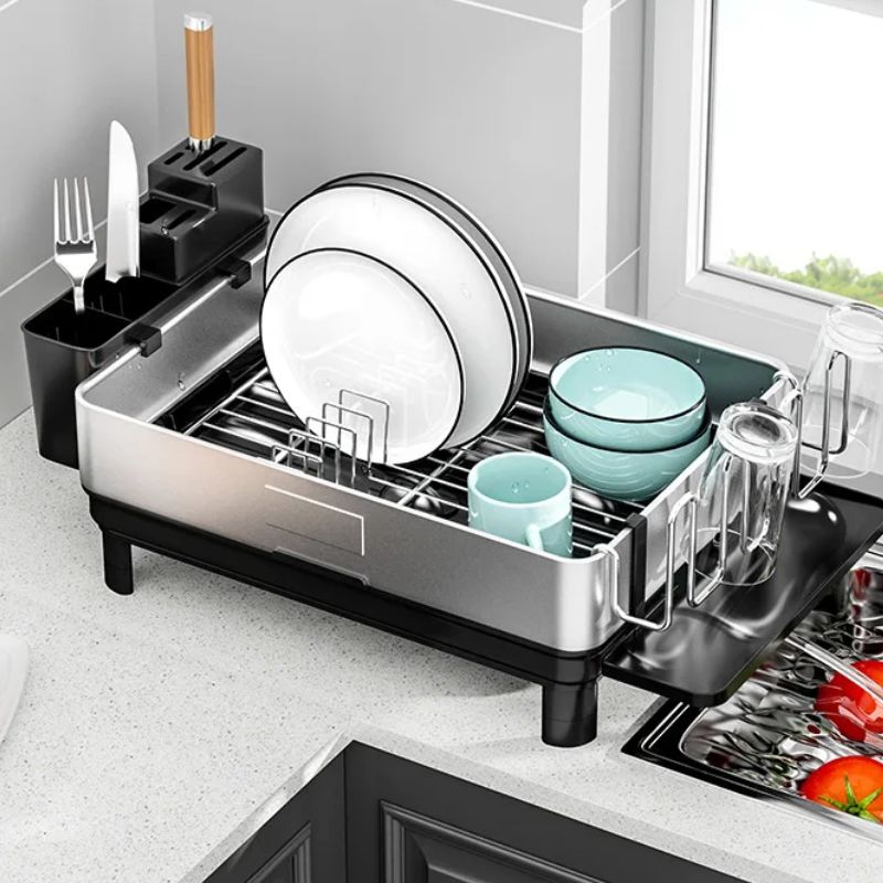 Compact Space Saving Dish Rack - with Flatware Caddy & Self Draining Tray