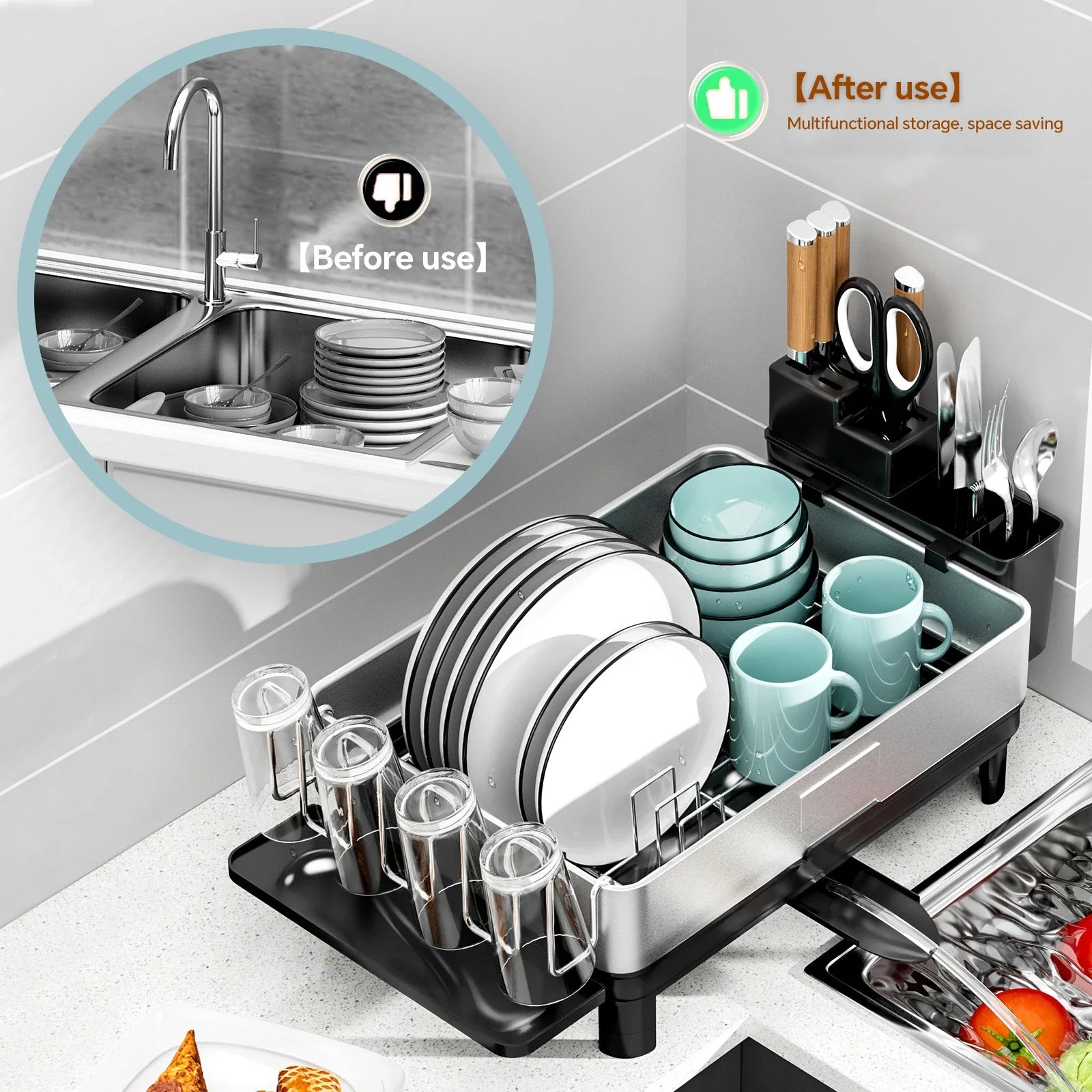 Compact Space Saving Dish Rack - with Flatware Caddy & Self Draining Tray