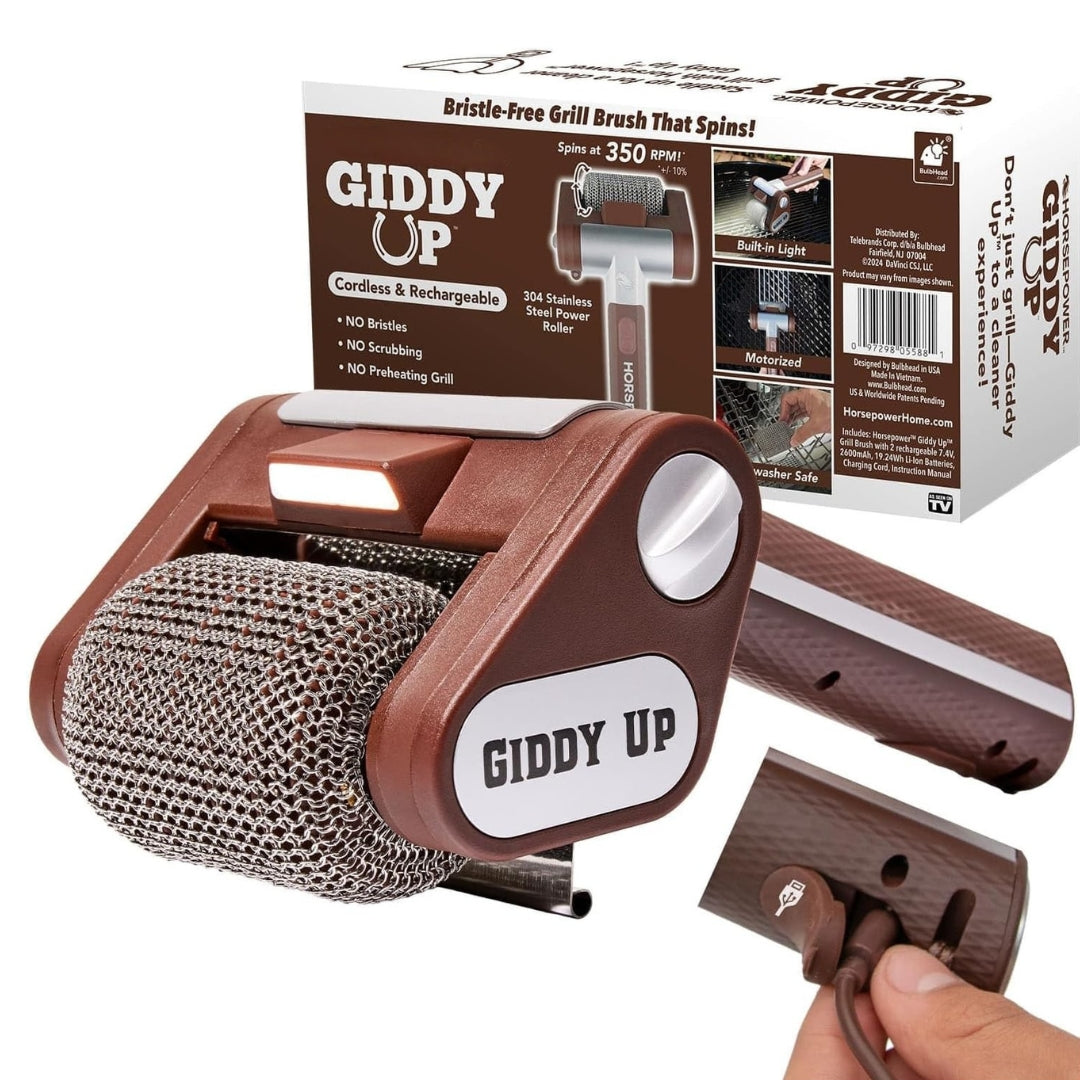 Cordless Rechargeable Grill Brush – 350 RPM Stainless Steel Roller BBQ Cleaner with LED Light