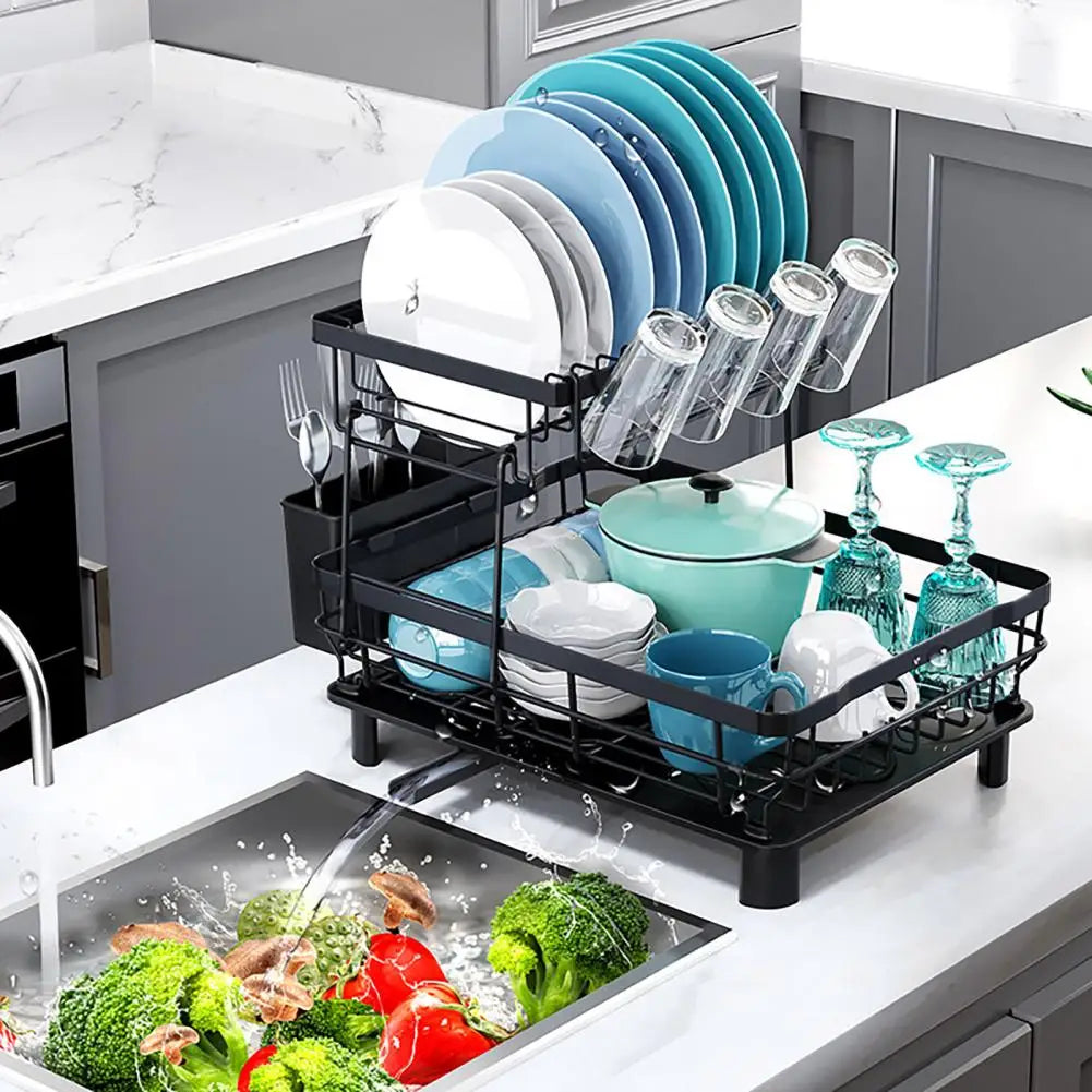 Dish Drying Rack with Drainboard - Large Capacity Double-Layer Anti-Rust