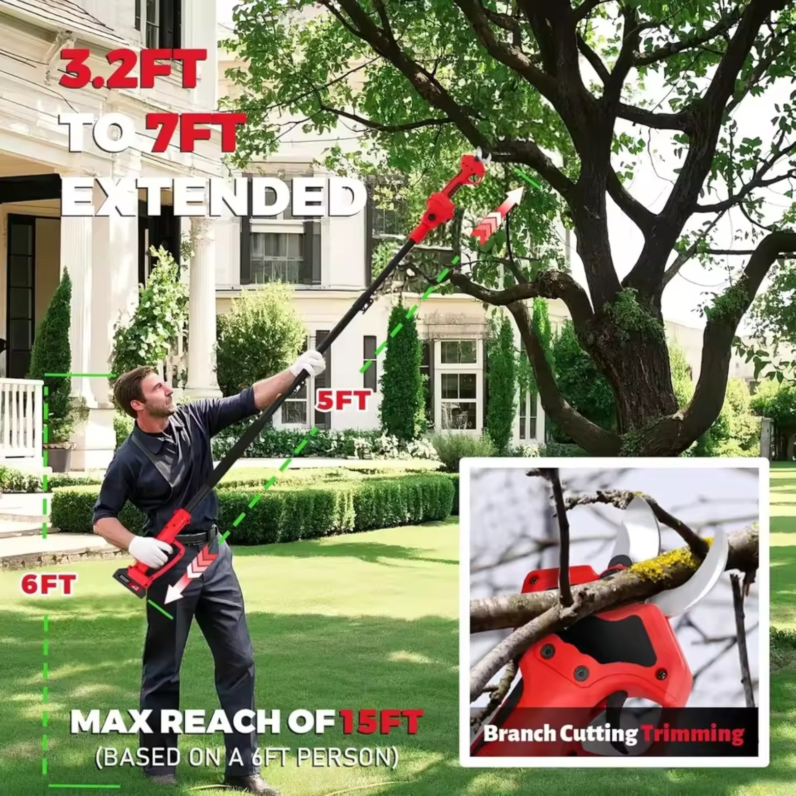 Electric Pruning Shears with 6 FT Extension Pole – 2-in-1 Cordless Brushless Pruner for Tree Trimming & High-Branch Cutting