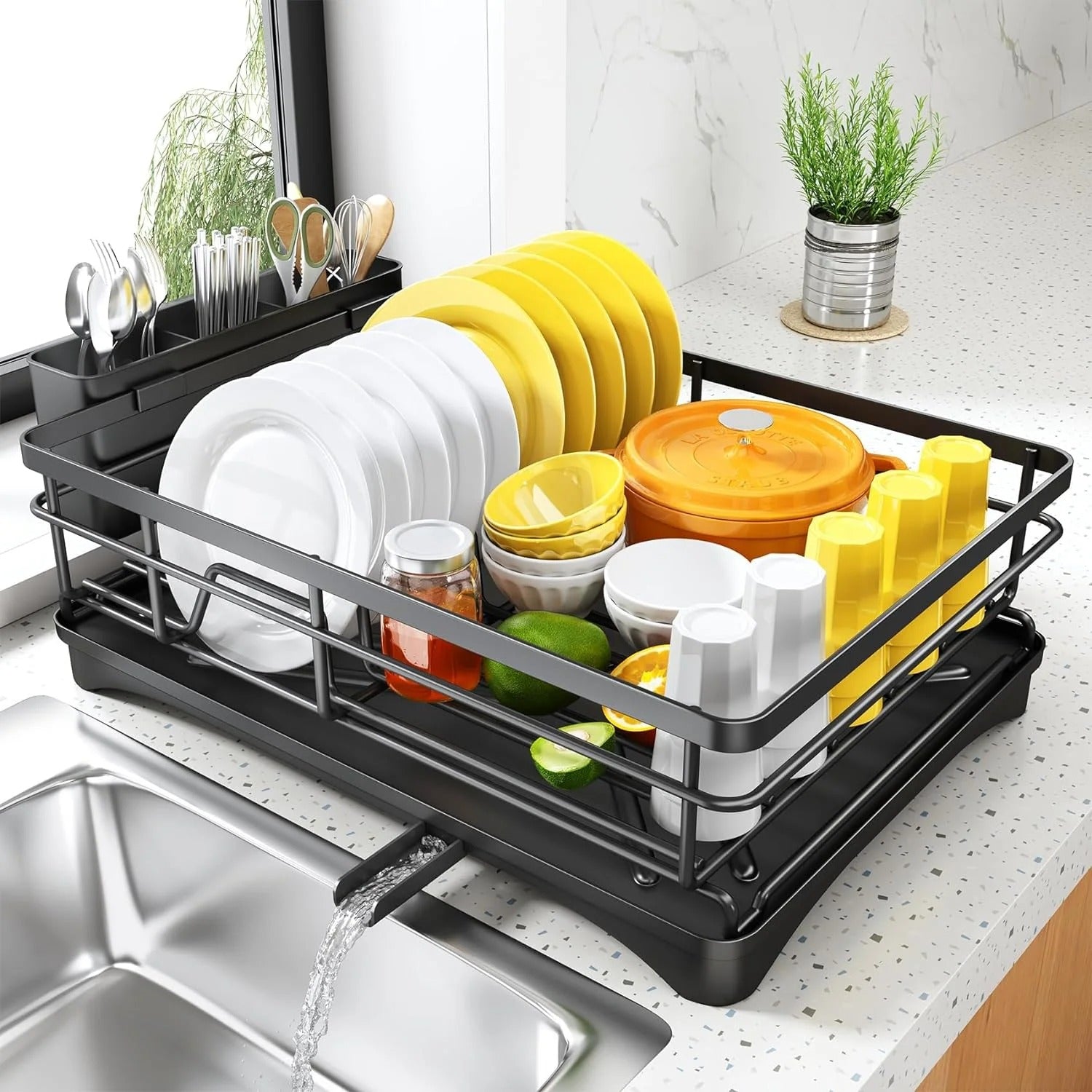 Large Dish Drying Rack with Drainboard – Rustproof Kitchen Dish Drainer & Utensil Holder