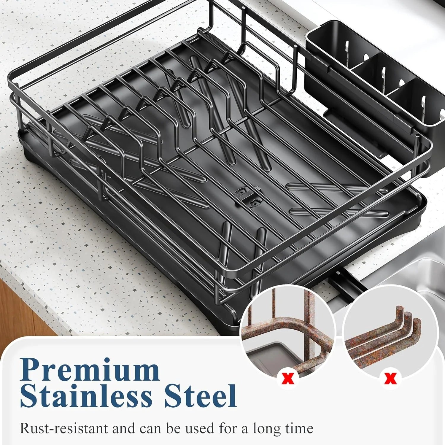 Large Dish Drying Rack with Drainboard – Rustproof Kitchen Dish Drainer & Utensil Holder