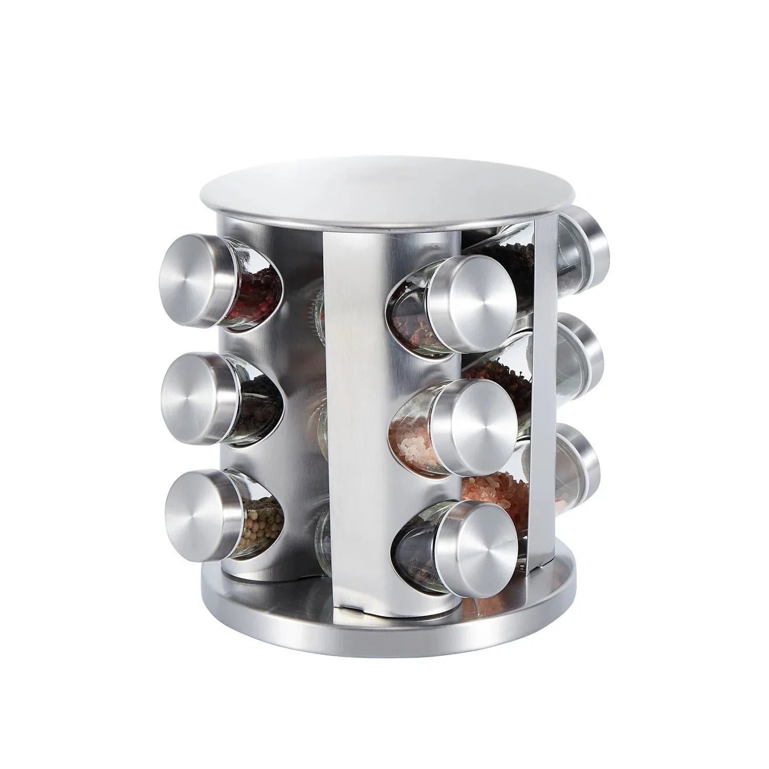 Rotating Tray Spice Rack with 12/16 Round Bottles – Stainless Steel Kitchen Organizer