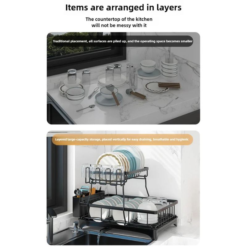 Large Capacity Dish Drying Rack - No Tools, Smart Drain Design