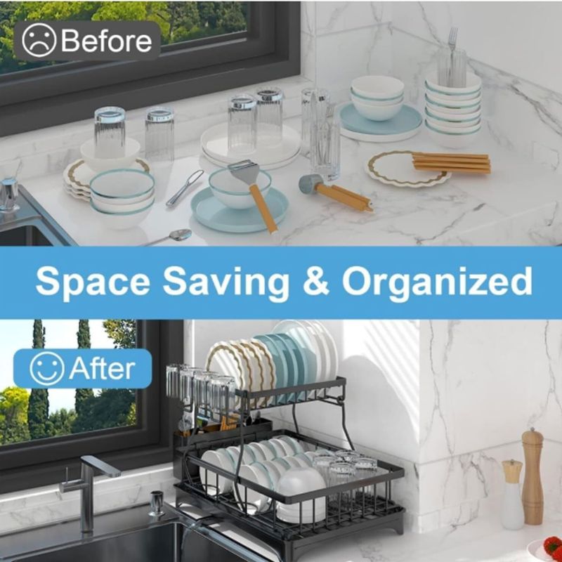 Large Capacity Dish Drying Rack - No Tools, Smart Drain Design