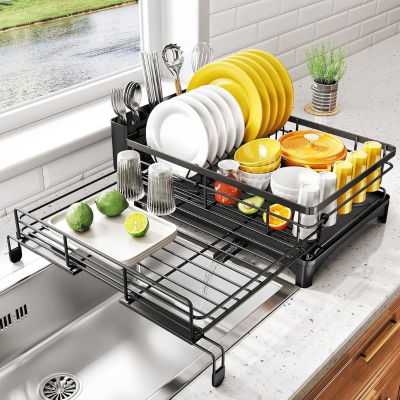 Large Capacity Extendable Dish Drying Rack with Drainage & Utensil Holder