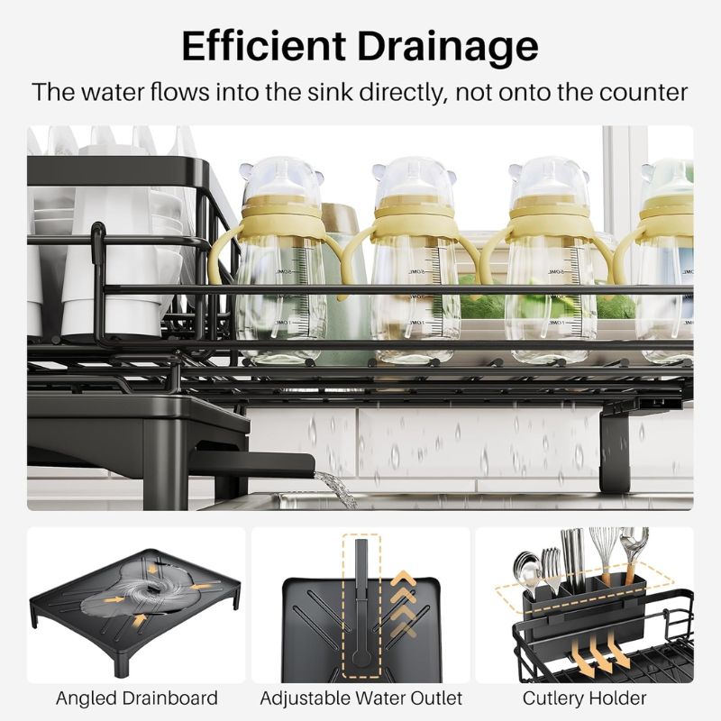 Large Capacity Extendable Dish Drying Rack with Drainage & Utensil Holder
