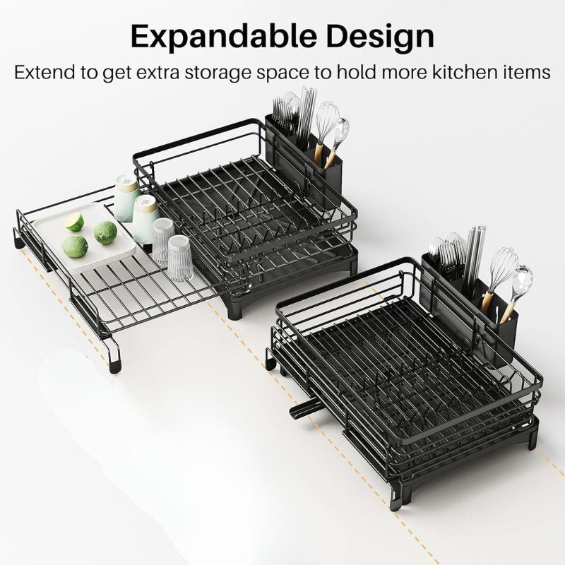Large Capacity Extendable Dish Drying Rack with Drainage & Utensil Holder