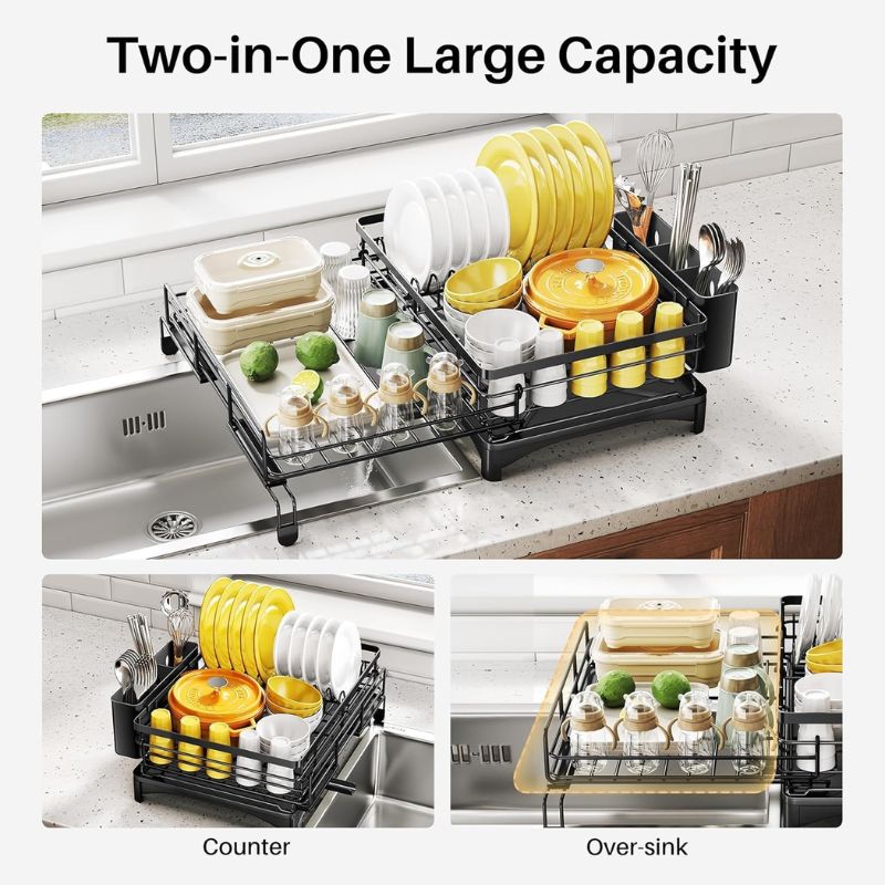 Large Capacity Extendable Dish Drying Rack with Drainage & Utensil Holder