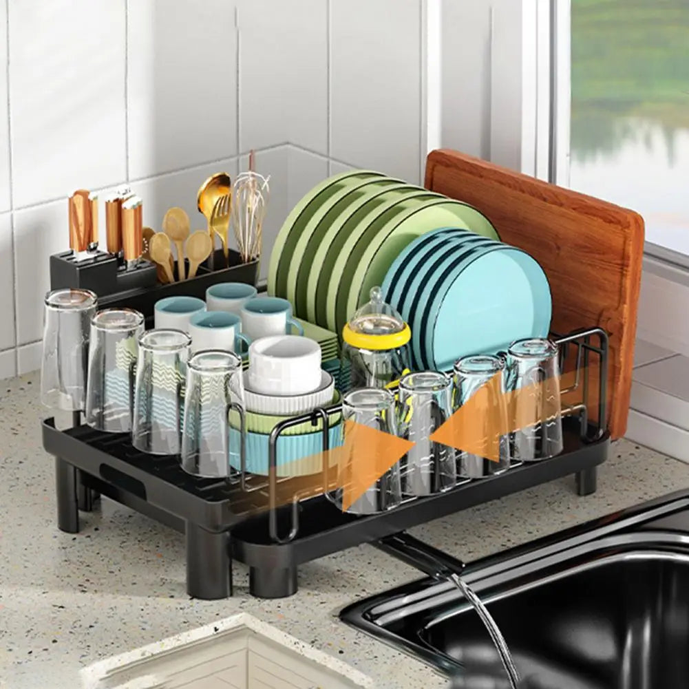 Retractable Double Layer Dish Drying Rack - with Drainboard & Cutlery Box