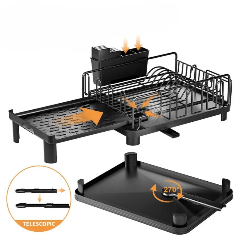 Retractable Double Layer Dish Drying Rack - with Drainboard & Cutlery Box