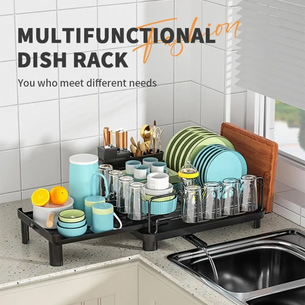 Retractable Double Layer Dish Drying Rack - with Drainboard & Cutlery Box