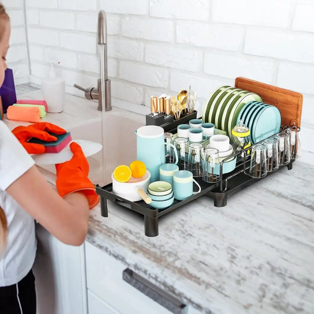 Retractable Double Layer Dish Drying Rack - with Drainboard & Cutlery Box