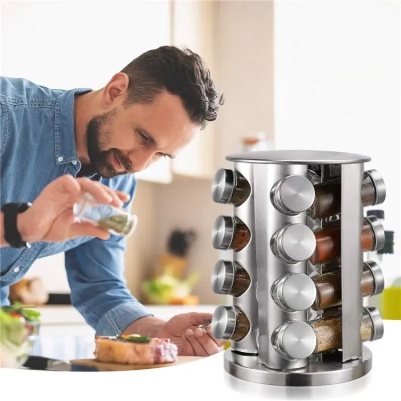 Rotating Tray Spice Rack with 12/16 Round Bottles – Stainless Steel Kitchen Organizer