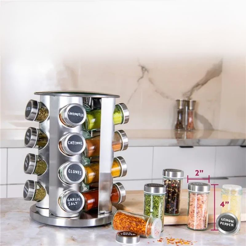 Rotating Tray Spice Rack with 12/16 Round Bottles – Stainless Steel Kitchen Organizer