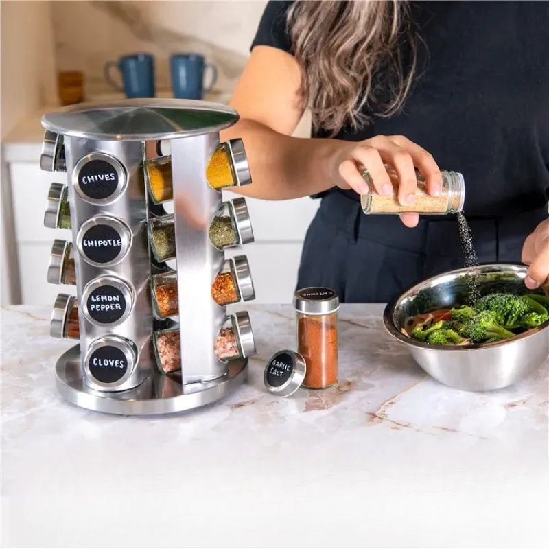 Rotating Tray Spice Rack with 12/16 Round Bottles – Stainless Steel Kitchen Organizer