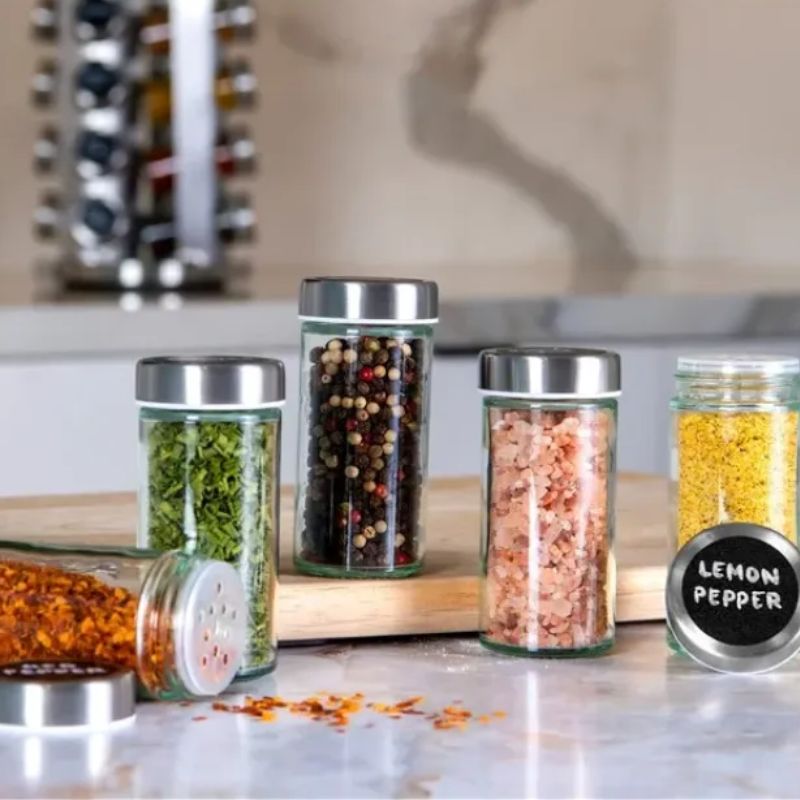 Rotating Tray Spice Rack with 12/16 Round Bottles – Stainless Steel Kitchen Organizer