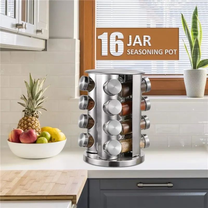 Rotating Tray Spice Rack with 12/16 Round Bottles – Stainless Steel Kitchen Organizer