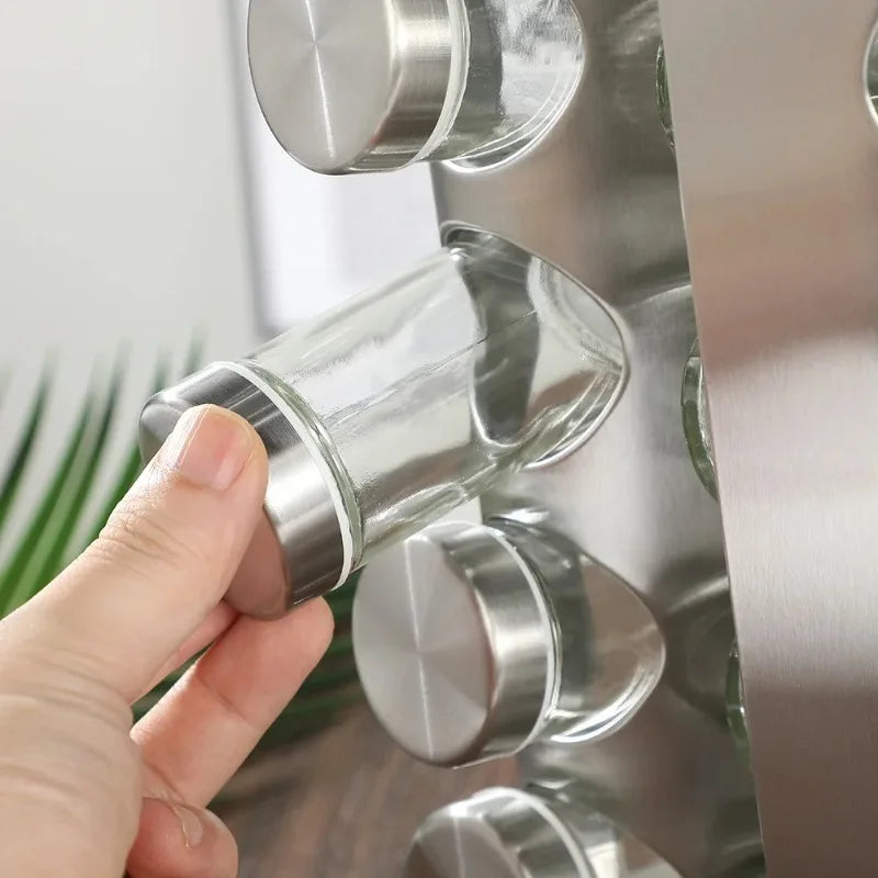 Rotating Tray Spice Rack with 12/16 Round Bottles – Stainless Steel Kitchen Organizer